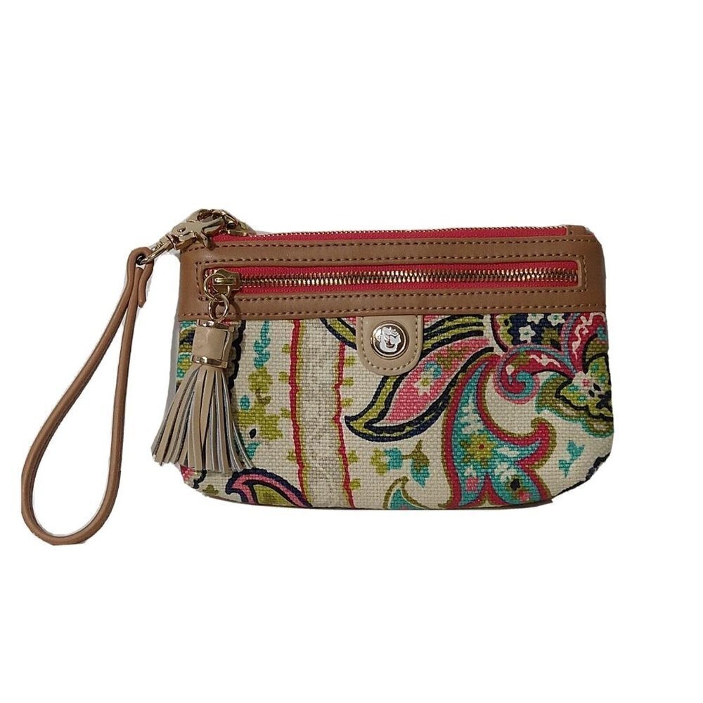 Spartina Wristlet Bag Purse Zippered Paisley Tapestry Linen Leather Tassel
